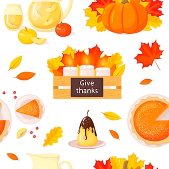 Modèle sans couture avec des feuilles de citrouille et d'automne et de la nourriture traditionnelle pour le jour de thanksgiving