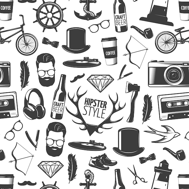 Vecteur gratuit modèle sans couture noir hipster avec têtes isolées de style homme et accessoires reconnaissables vector illustration