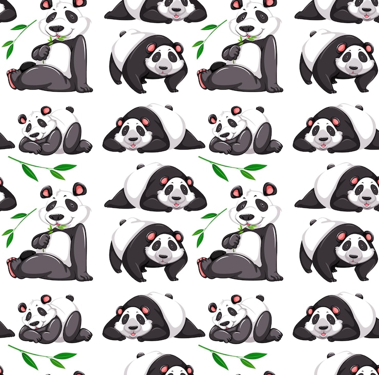 Vecteur gratuit modèle sans couture avec panda dans de nombreuses poses sur fond blanc