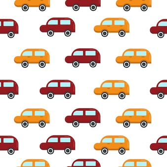 Modèle sans couture pour enfants aux couleurs vives composé d'images de petites voitures aux couleurs rouge et orange. modèle de voiture pour l'impression. illustration vectorielle sur fond blanc