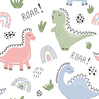 Modèle sans couture pour enfants avec des dinosaures. illustration mignonne de vecteur pour la conception, les textiles, les affiches, les tissus, les cartes. couleurs pastel, rose, vert, bleu.