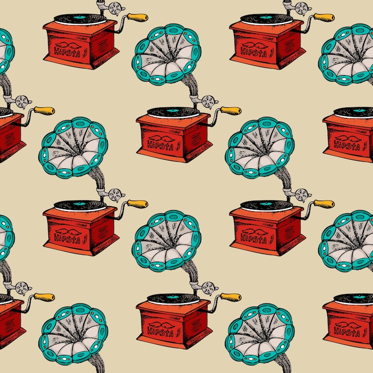 Vecteur gratuit modèle sans couture rétro gramophone. son de musique de fond vintage,