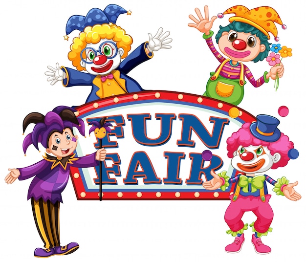 Vecteur gratuit modèle de signe de fête foraine avec quatre clowns heureux
