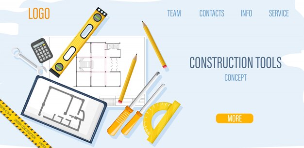 Modèle de site de construction avec outils d'architecte et plan directeur
