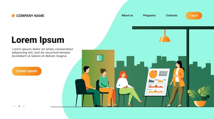 Vecteur gratuit modèle de site web, page de destination avec illustration du coach parlant devant le public
