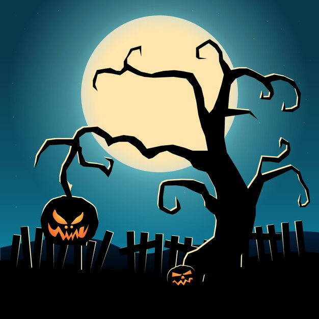 Modèle sombre de dessin animé Halloween avec citrouille maléfique arbre effrayant et clôture