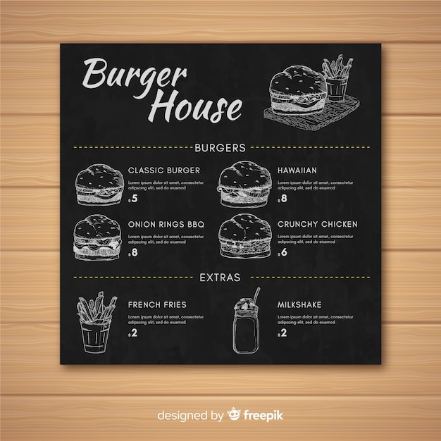 Vecteur gratuit modèle de style rétro menu restaurant burger sur tableau noir
