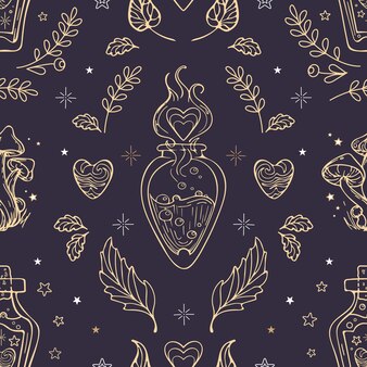 Modèle de style vintage pour la saint valentin. potion d'amour de sorcière magique bouillante dans un flacon, vapeur en forme de coeur, champignons magiques étoiles. pour le papier peint, l'impression sur tissu, l'emballage, l'arrière-plan.