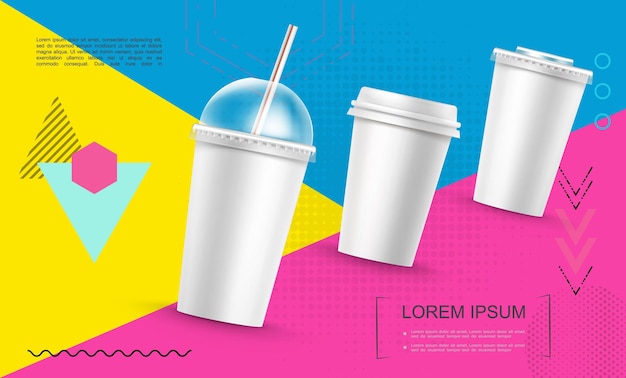 Modèle De Tasses De Restauration Rapide En Papier Réaliste Pour Milkshake De Café Soda Sur Illustration Géométrique Colorée à La Mode