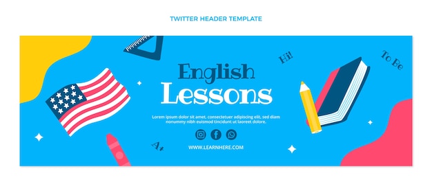 Vecteur gratuit modèle d'en-tête twitter de cours d'anglais design plat