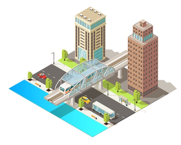 Vecteur gratuit modèle de trafic urbain isométrique avec des bâtiments modernes en mouvement de bus de voitures et de métro dans le centre-ville isolé