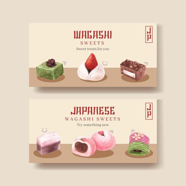 Vecteur gratuit modèle twitter avec dessert japonais wagashi dans un style aquarelle