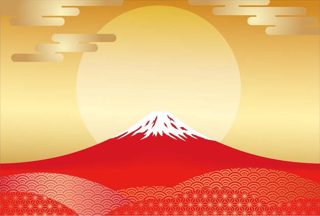 Vecteur gratuit modèle de vecteur de carte de nouvel an avec le mont fuji rouge et le soleil levant sur un fond d'or.