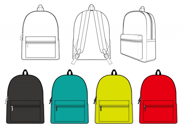 Modele De Vecteur De Dessin Technique Plat Backpack Fashion Vecteur Premium