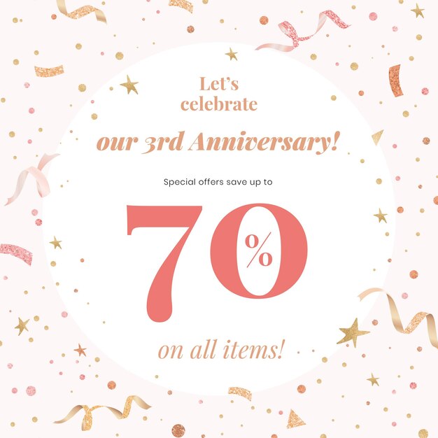 Modèle de vente d'anniversaire avec 70% de réduction pour la publication sur les réseaux sociaux