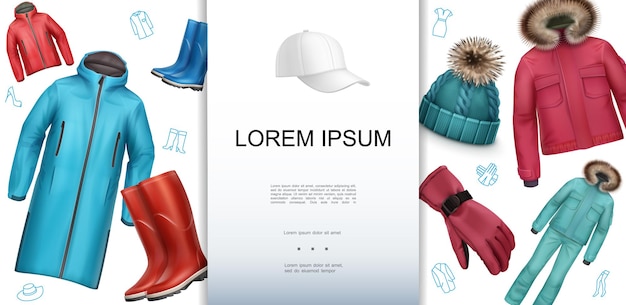 Vecteur gratuit modèle de vêtements masculins réalistes avec des bottes en caoutchouc gant veste d'hiver chapeau tricoté automne manteau casquette de baseball