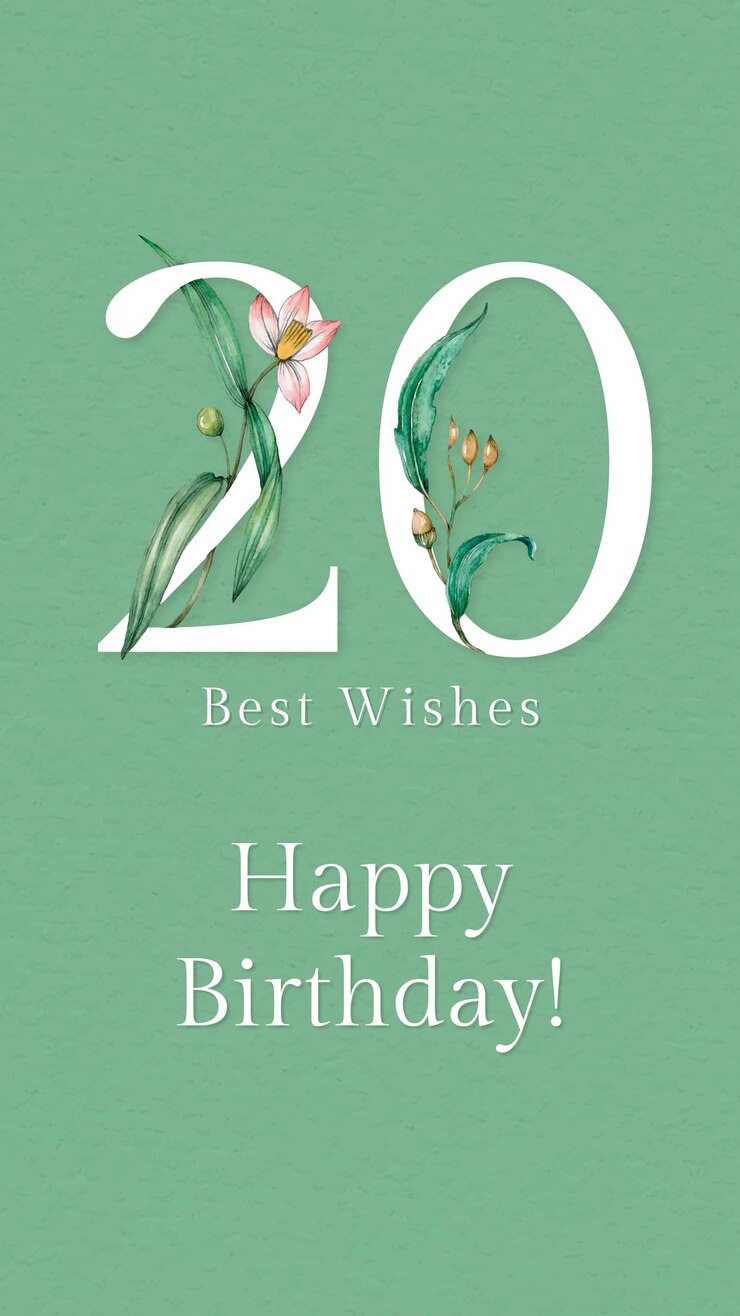 Vecteur gratuit modèle de voeux 20e anniversaire avec illustration de numéro floral
