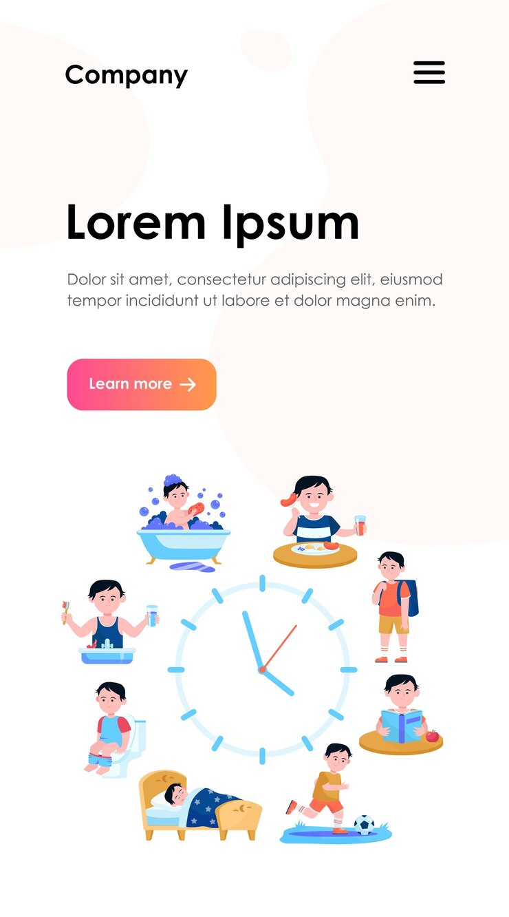 Vecteur gratuit modèle web d'horloges de routine quotidienne pour enfants. calendrier de dessin animé de la vie de garçon heureux, du petit-déjeuner, de l'école au sommeil
