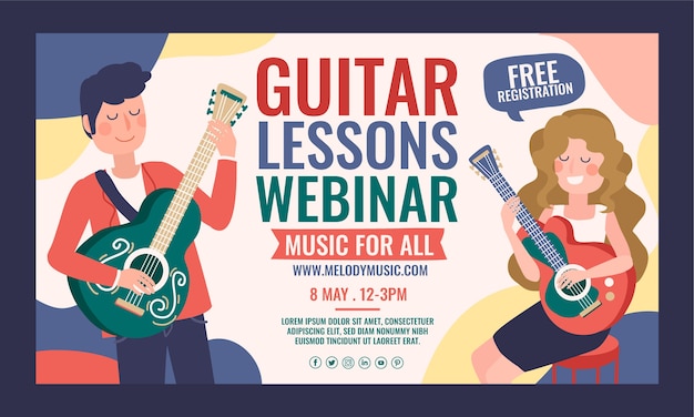Vecteur gratuit modèle de webinaire de cours de guitare dessinés à la main