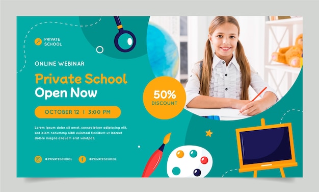 Vecteur gratuit modèle de webinaire d'école privée design plat