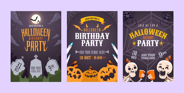 Vecteur gratuit modèles de cartes d'anniversaire plats pour la célébration d'halloween