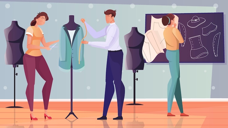 Vecteur gratuit modélisation de vêtements illustration plate avec des créateurs de mode développant de nouveaux modèles de tissu