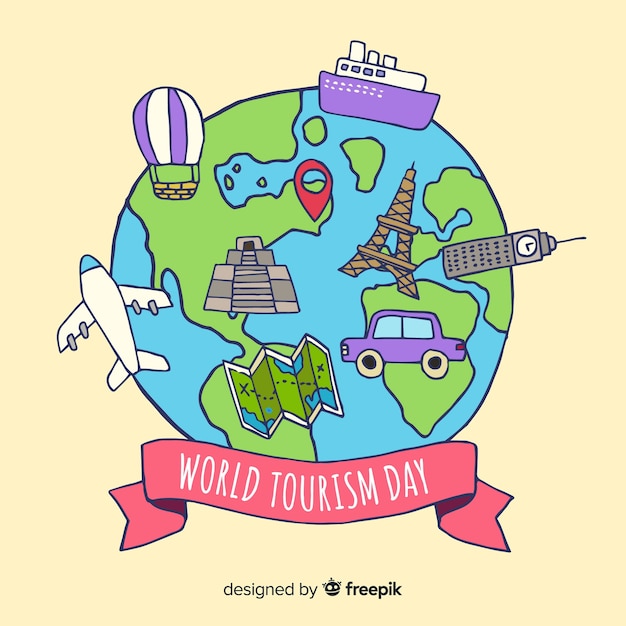 Vecteur gratuit monde dessiné à la main avec points de repère et journée du tourisme de transport