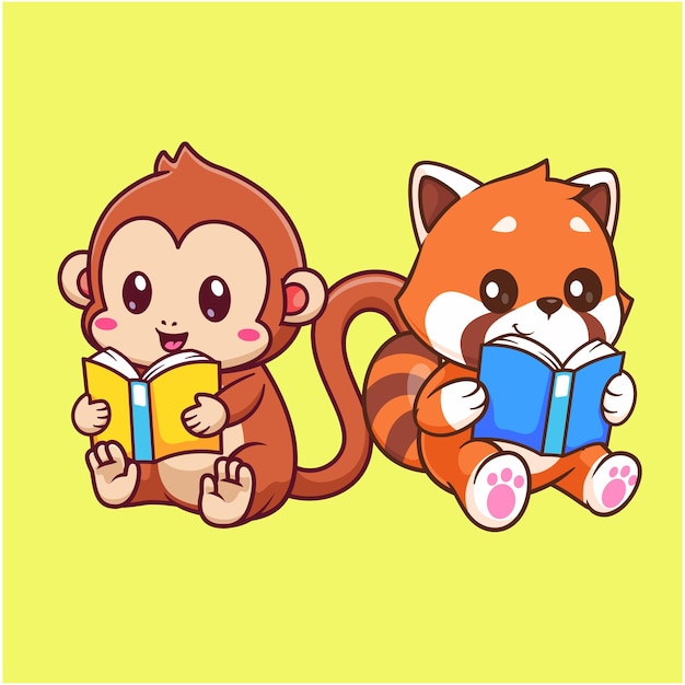 Vecteur gratuit monkey mignon et panda rouge livre de lecture dessin animé icône vectorielle illustration éducation animale isolée