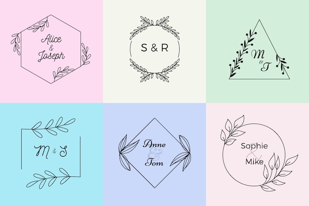 Vecteur gratuit monogrammes de mariage minimalistes aux couleurs pastel