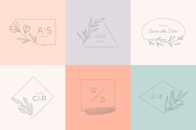 Vecteur gratuit monogrammes de mariage minimalistes aux couleurs pastel