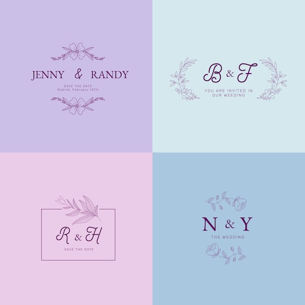 Vecteur gratuit monogrammes de mariage minimalistes aux couleurs pastel