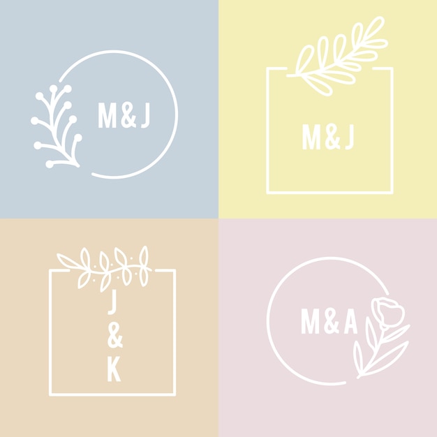 Vecteur gratuit monogrammes de mariage minimalistes colorés dans des couleurs pastel