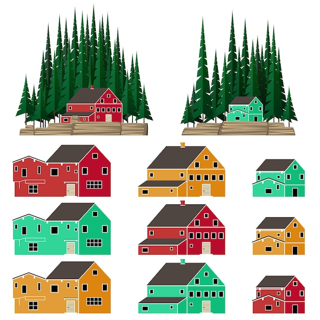 Montagne Et Des Paysages Forestiers Avec Des Maisons De Style Canadien Brillant Vector Illustration