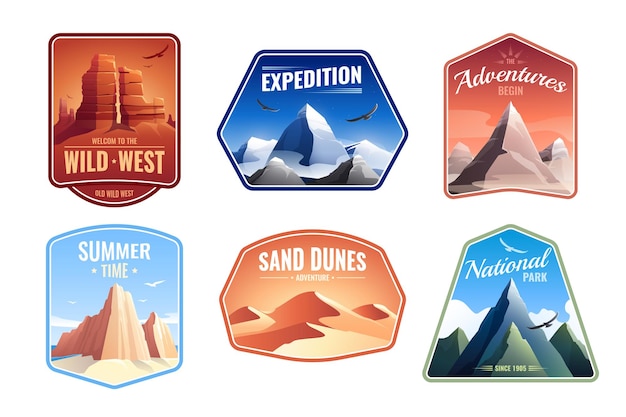 Vecteur gratuit montagnes rochers paysages emblèmes plats sertis de parcs nationaux de dunes de sable et de sommets d'expédition texte modifiable
