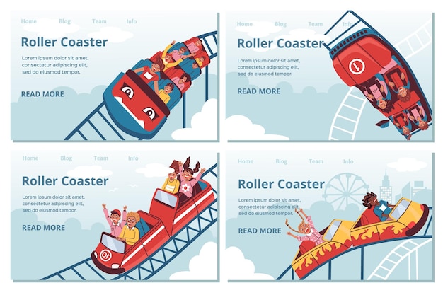 Montagnes Russes Plat Serti De Pages De Destination Isolées Liens Cliquables Texte Et Personnes Prenant Des Manèges Illustration Vectorielle