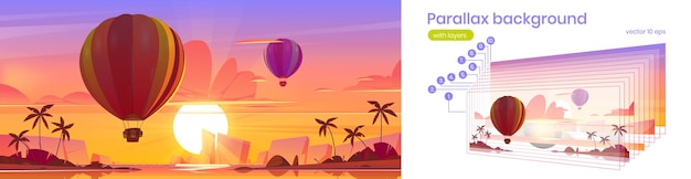 Vecteur gratuit montgolfières de fond de parallaxe volant dans le ciel au crépuscule au-dessus d'une île tropicale avec des palmiers dans l'océan. paysage nature paysage d'été avec des couches séparées pour l'animation de jeu, scène vectorielle de dessin animé 2d