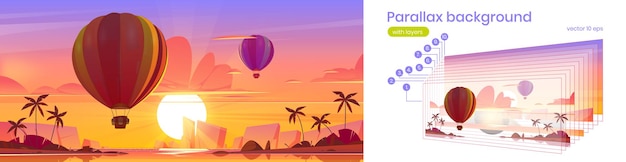 Montgolfières de fond de parallaxe volant dans le ciel au crépuscule au-dessus d'une île tropicale avec des palmiers dans l'océan. Paysage nature paysage d'été avec des couches séparées pour l'animation de jeu, scène vectorielle de dessin animé 2d