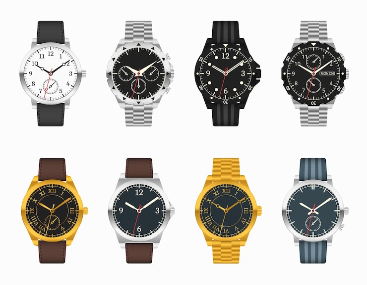 Vecteur gratuit montre ensemble. horloge classique chère avec illustration de bracelets en cuir et en métal