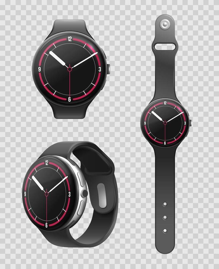 Vecteur gratuit montre à main intelligente ensemble transparent de gadgets électroniques avec écran circulaire et mains mécaniques isolées illustration vectorielle réaliste