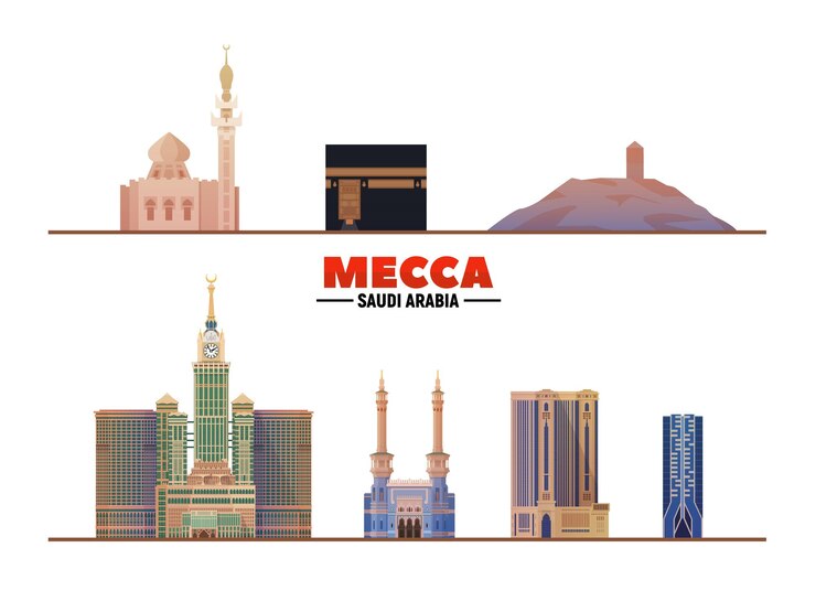 Monuments de la ville de La Mecque en Arabie Saoudite sur fond de ciel Illustration vectorielle plane Voyage d'affaires et concept de tourisme avec des bâtiments modernes Image pour bannière ou site Web