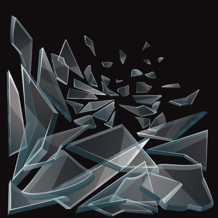 Vecteur gratuit des morceaux de verre cassés coulent. ensemble de morceaux de verre sur fond noir et verre transparent endommagé