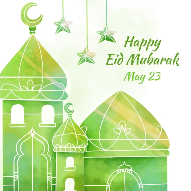 Mosquée verte aquarelle eid mubarak