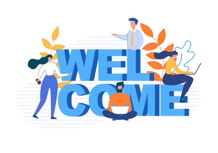 Vecteur gratuit mot de bienvenue et personnages de dessins animés