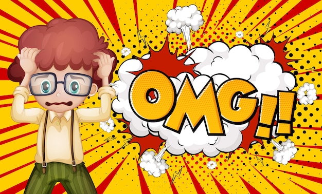 Vecteur gratuit mot omg sur fond d'explosion avec personnage de dessin animé garçon