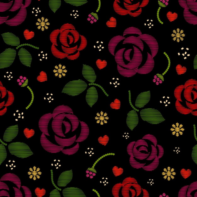 Motif De Broderie Avec Des Fleurs Roses.