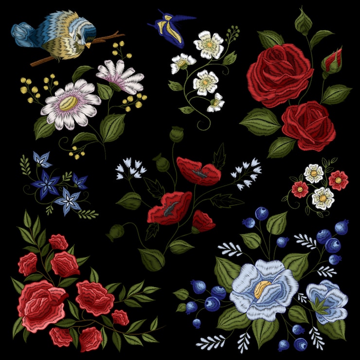 Vecteur gratuit motif de broderie ornementale de mode folklorique florale