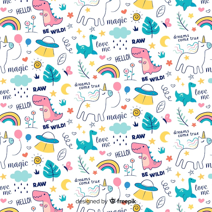 Vecteur gratuit motif coloré d&#39;animaux et de mots doodle