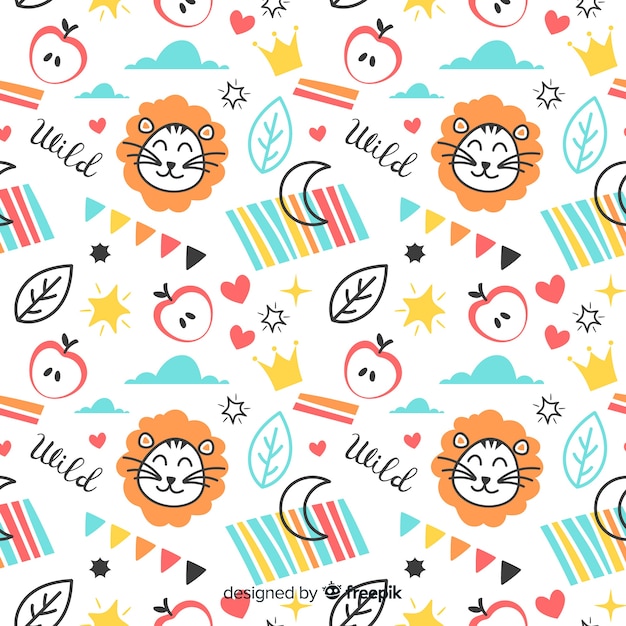 Motif Coloré De Lions Et De Mots Doodle