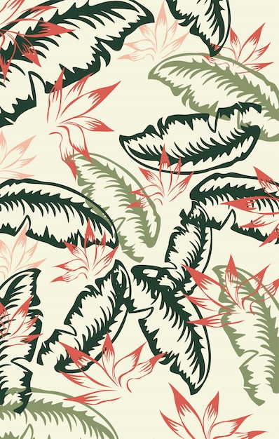Motif de feuille de palmier rouge, vert et vert foncé. Ancien