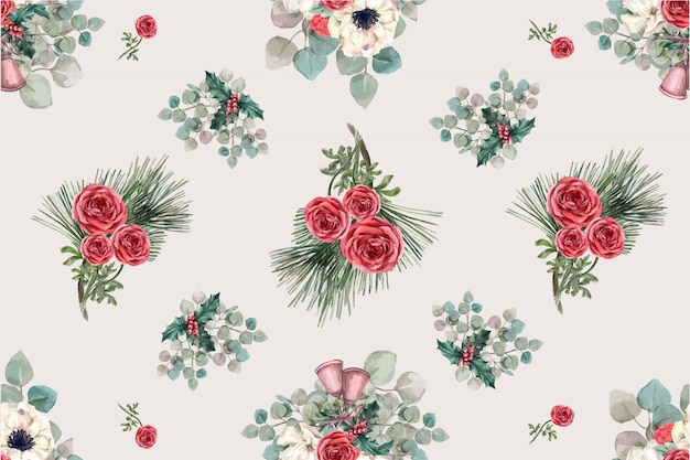 Motif De Floraison Hivernale Avec Anémone, Rose, Feuilles De Pin